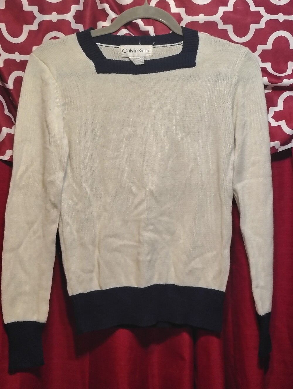 Vintage Calvin Klein Square Neck Sweater Cream Navy Blue Knit Preppy Small